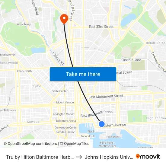 Tru by Hilton Baltimore Harbor East to Johns Hopkins University map