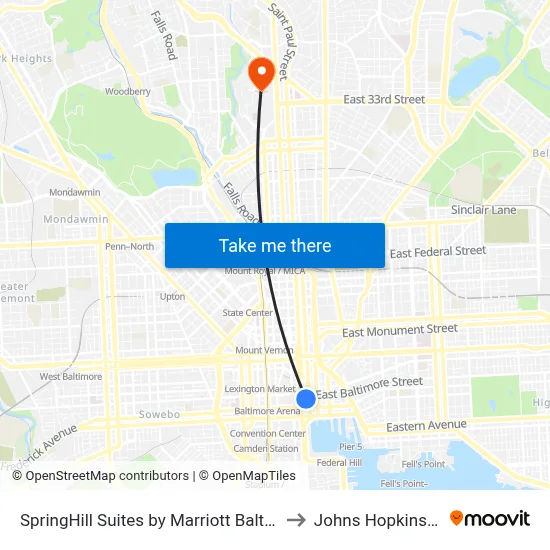 SpringHill Suites by Marriott Baltimore Inner Harbor to Johns Hopkins University map