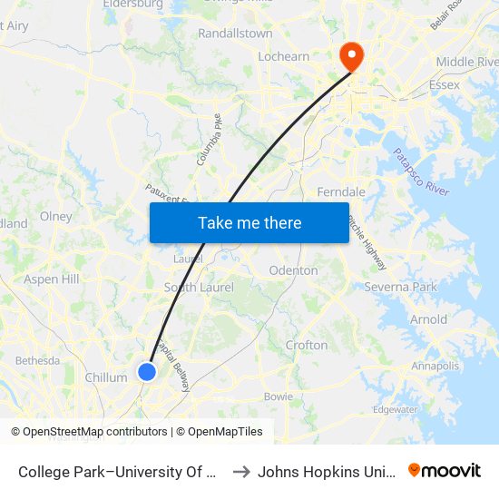 College Park - University Of Maryland to Johns Hopkins University map