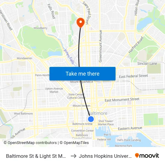 Baltimore St & Light St MB Eb to Johns Hopkins University map