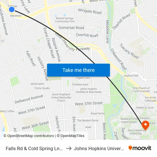 Falls Rd & Cold Spring Ln Sb to Johns Hopkins University map