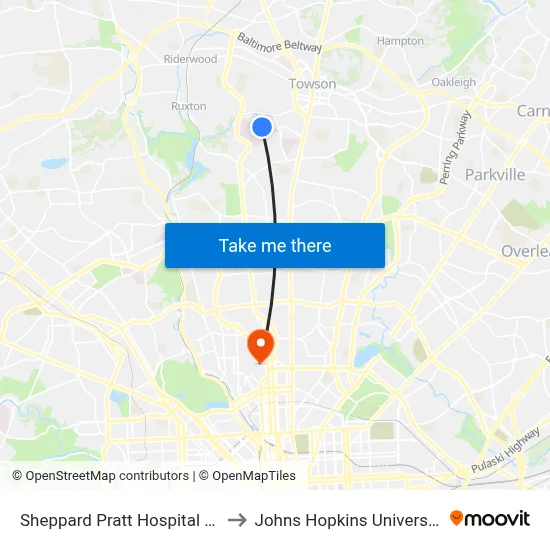 Sheppard Pratt Hospital Eb to Johns Hopkins University map