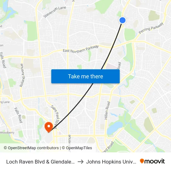 Loch Raven Blvd & Glendale Rd Sb to Johns Hopkins University map