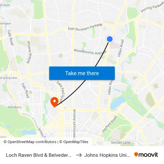 Loch Raven Blvd & Belvedere Ave Sb to Johns Hopkins University map