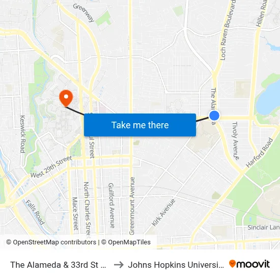 The Alameda & 33rd St Sb to Johns Hopkins University map