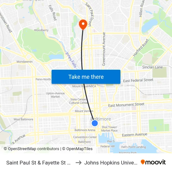 Saint Paul St & Fayette St FS Sb to Johns Hopkins University map