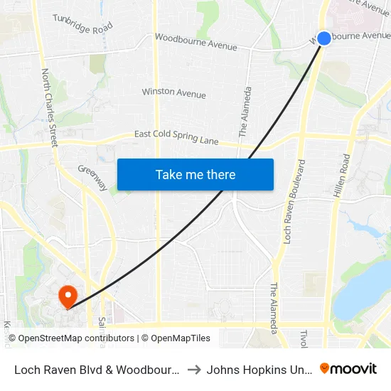 Loch Raven Blvd & Woodbourne Ave Nb to Johns Hopkins University map