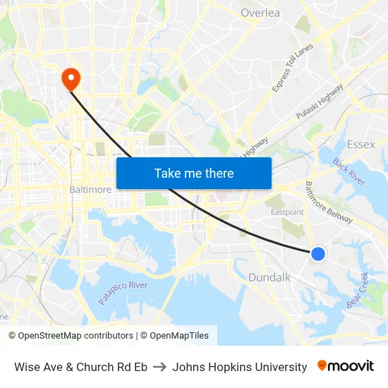Wise Ave & Church Rd Eb to Johns Hopkins University map