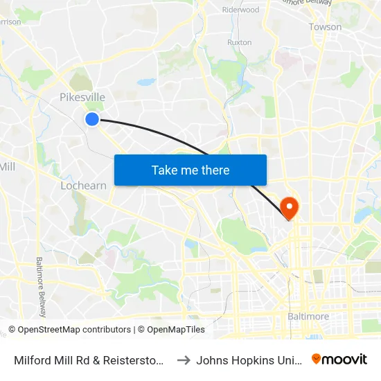 Milford Mill Rd & Reisterstown Rd Eb to Johns Hopkins University map