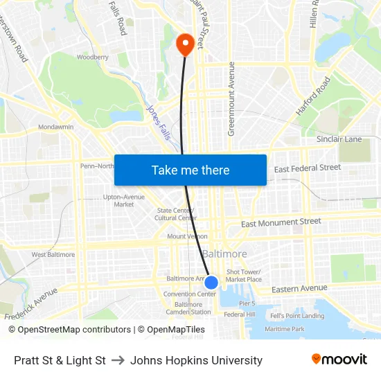 Pratt St & Light St to Johns Hopkins University map
