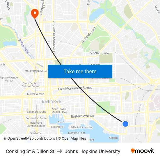 Conkling St & Dillon St to Johns Hopkins University map