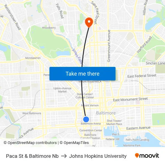Paca St & Baltimore Nb to Johns Hopkins University map