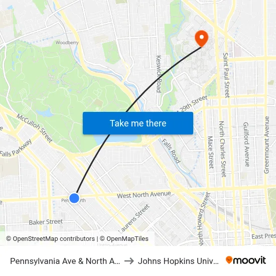Pennsylvania Ave & North Ave Nb to Johns Hopkins University map