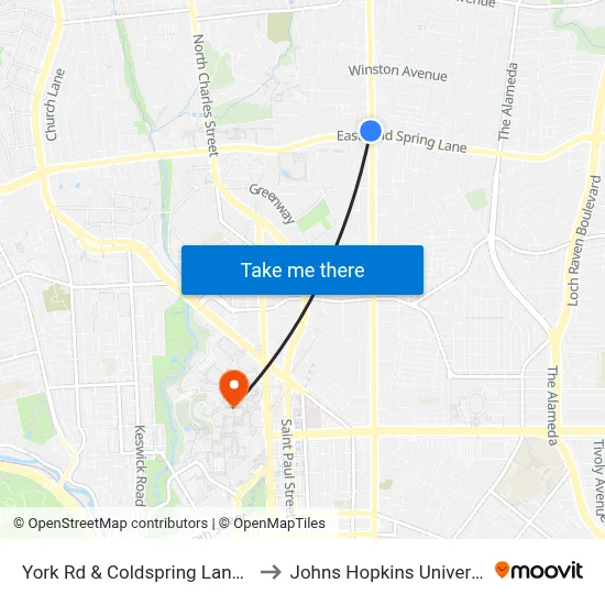 York Rd & Coldspring Lane Sb to Johns Hopkins University map