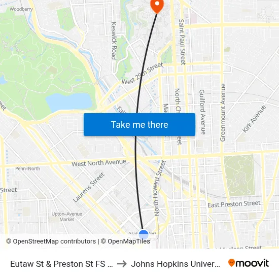 Eutaw St & Preston St FS Sb to Johns Hopkins University map