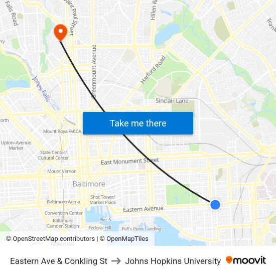 Eastern Ave & Conkling St to Johns Hopkins University map