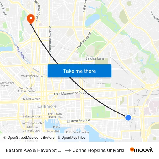 Eastern Ave & Haven St Eb to Johns Hopkins University map