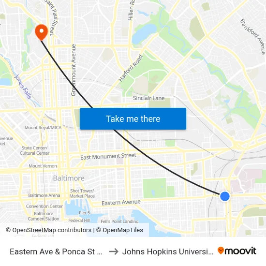 Eastern Ave & Ponca St Eb to Johns Hopkins University map