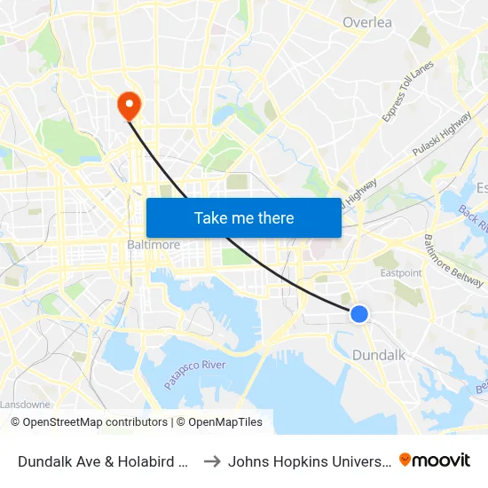 Dundalk Ave & Holabird Ave to Johns Hopkins University map