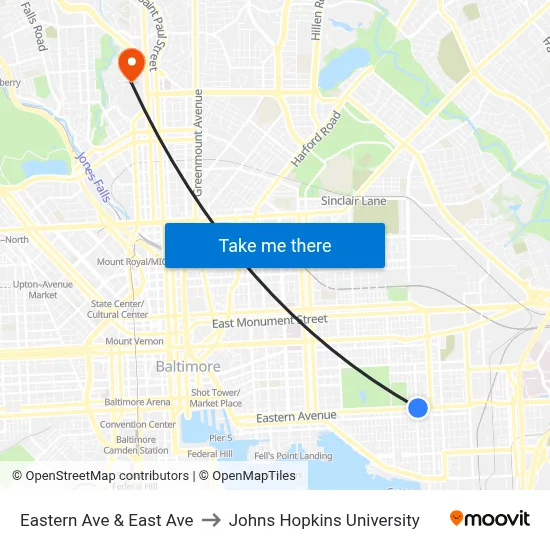 Eastern Ave & East Ave to Johns Hopkins University map
