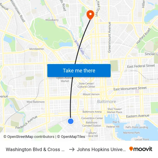 Washington Blvd & Cross St Sb to Johns Hopkins University map