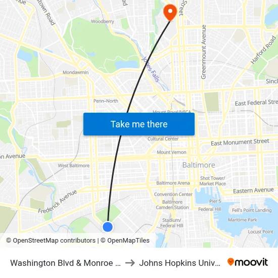 Washington Blvd & Monroe St Wb to Johns Hopkins University map