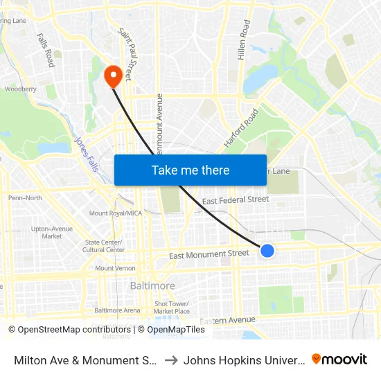 Milton Ave & Monument St Nb to Johns Hopkins University map