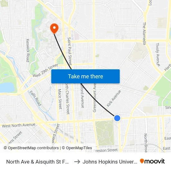 North Ave & Aisquith St FS Wb to Johns Hopkins University map