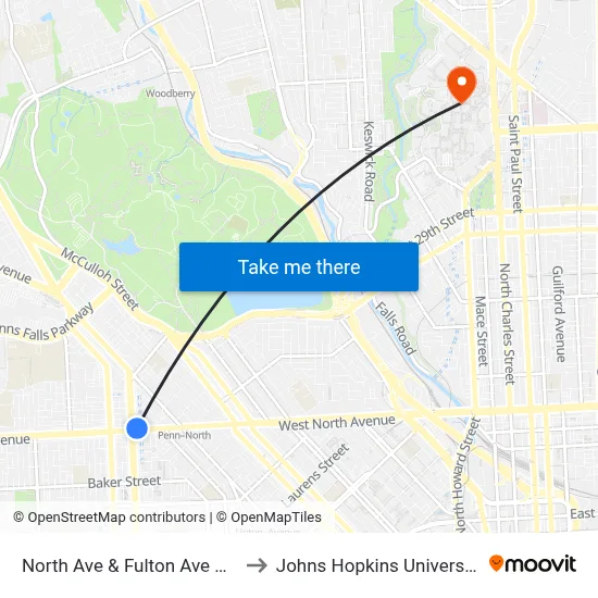 North Ave & Fulton Ave Wb to Johns Hopkins University map