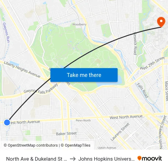 North Ave & Dukeland St Eb to Johns Hopkins University map