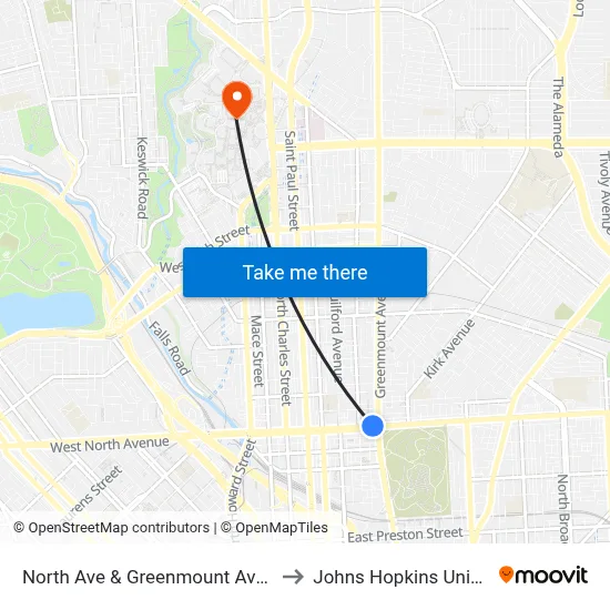North Ave & Greenmount Ave FS Wb to Johns Hopkins University map