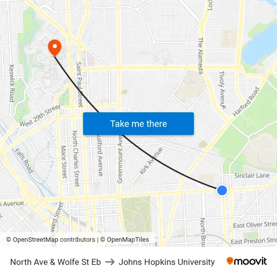 North Ave & Wolfe St Eb to Johns Hopkins University map
