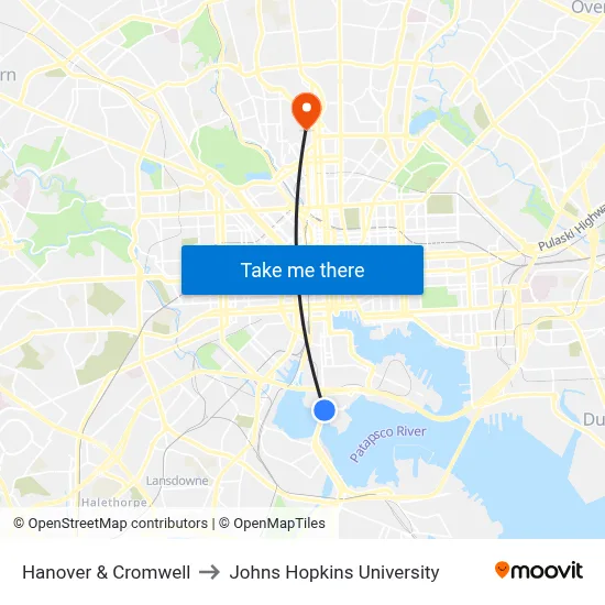 Hanover & Cromwell to Johns Hopkins University map