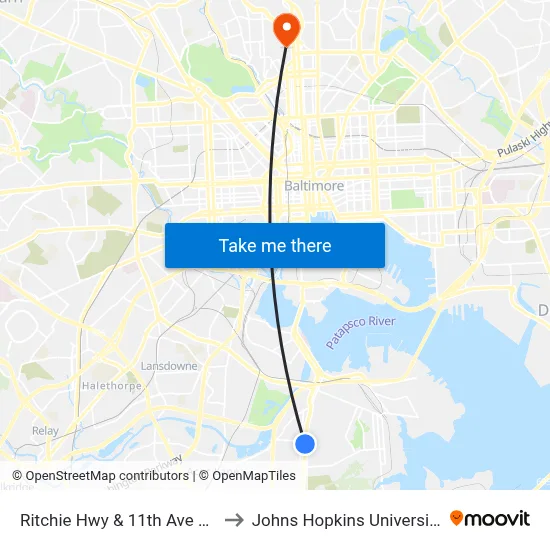 Ritchie Hwy & 11th Ave Sb to Johns Hopkins University map