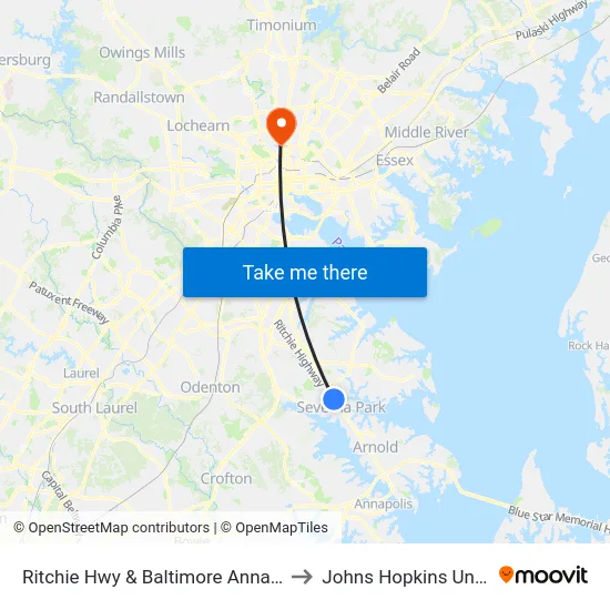 Ritchie Hwy & Baltimore Annapolis Blvd to Johns Hopkins University map