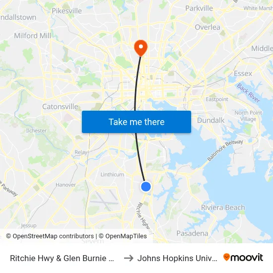 Ritchie Hwy & Glen Burnie Mall Nb to Johns Hopkins University map