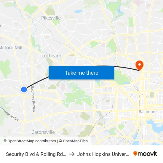 Security Blvd & Rolling Rd Eb to Johns Hopkins University map