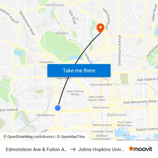 Edmondson Ave & Fulton Ave Eb to Johns Hopkins University map