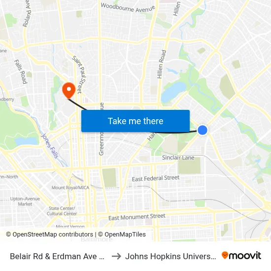Belair Rd & Erdman Ave Nb to Johns Hopkins University map