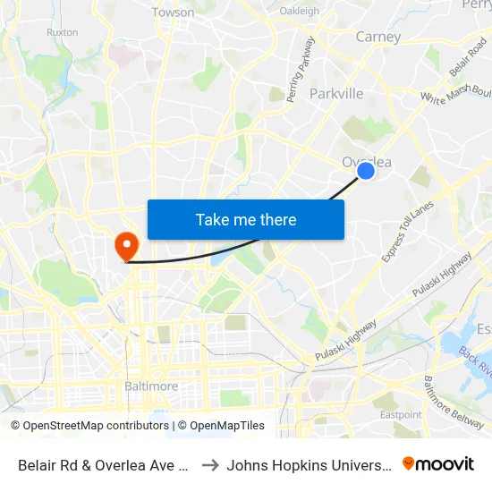 Belair Rd & Overlea Ave Nb to Johns Hopkins University map