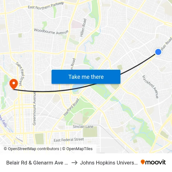Belair Rd & Glenarm Ave Sb to Johns Hopkins University map