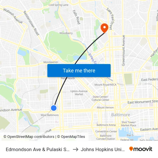 Edmondson Ave & Pulaski St FS Wb to Johns Hopkins University map