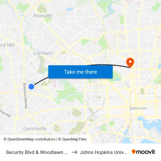 Security Blvd & Woodlawn Dr Wb to Johns Hopkins University map