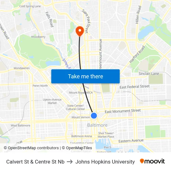 Calvert St & Centre St Nb to Johns Hopkins University map