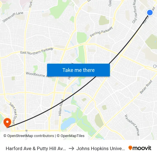 Harford Ave & Putty Hill Ave Sb to Johns Hopkins University map