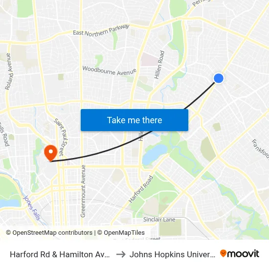 Harford Rd & Hamilton Ave Sb to Johns Hopkins University map
