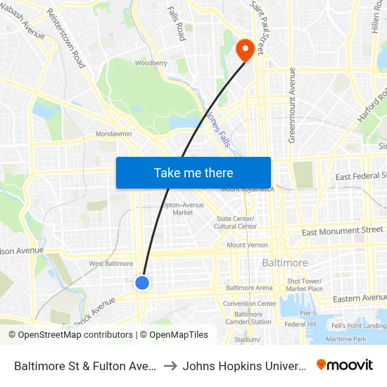 Baltimore St & Fulton Ave Eb to Johns Hopkins University map