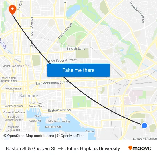 Boston St & Gusryan St to Johns Hopkins University map