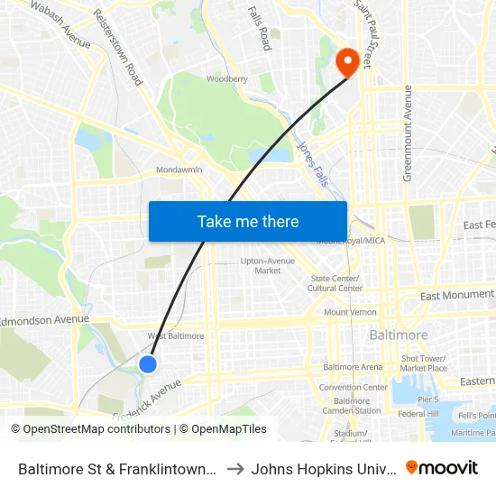 Baltimore St & Franklintown Rd Wb to Johns Hopkins University map