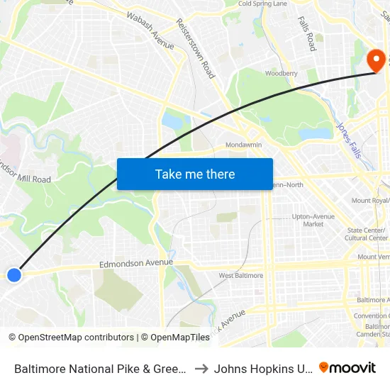 Baltimore National Pike & Greenwich Ave Wb to Johns Hopkins University map